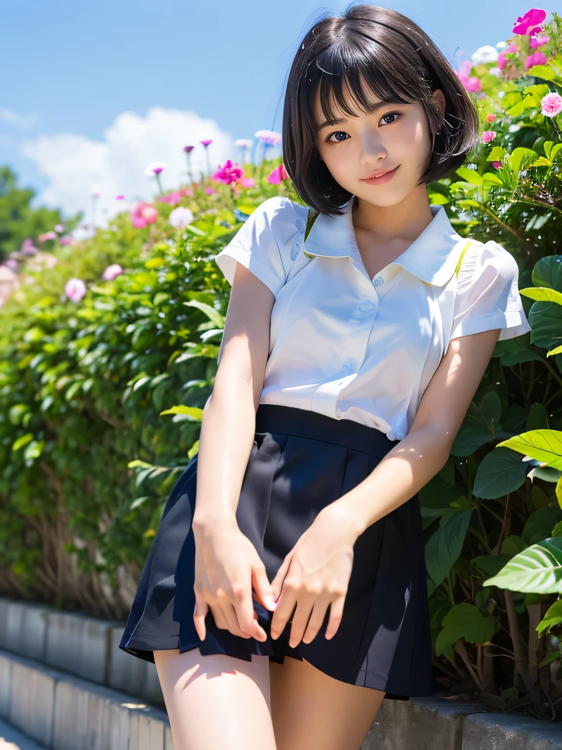 Pure Japanese school girl, sexual attractive, wearing uniform, natural hairstyles, sweet smile, sitting, panty, refreshing in early summer, professional eroticism photography,