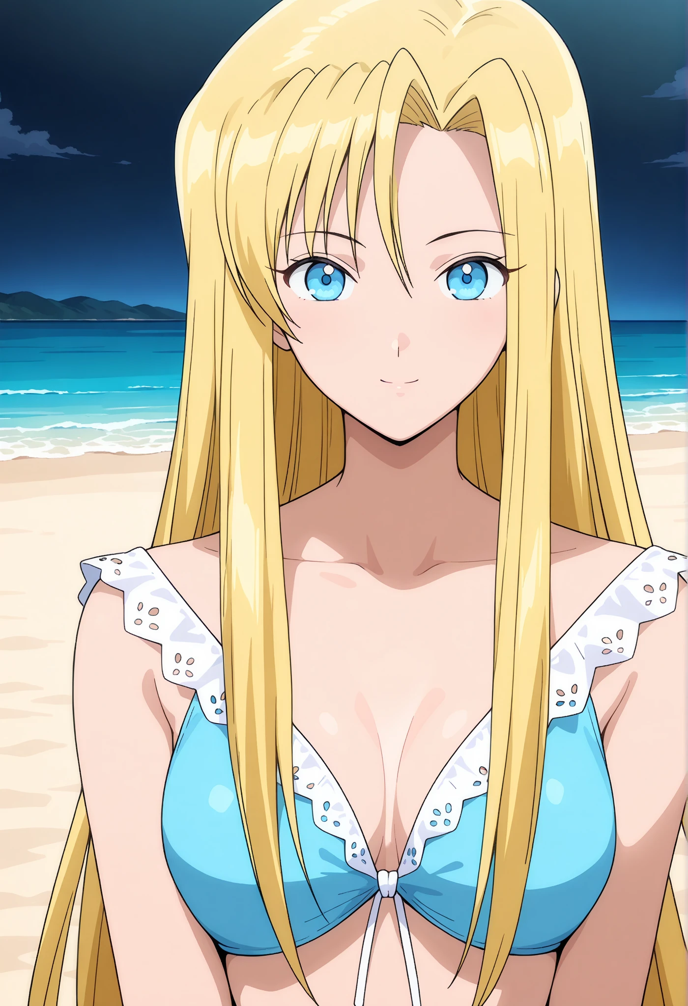 Seina Kashiwazaki, 1girl in, a blond, butterfly hair ornament, soft smile, (huge breast), Light blue micro bikini, (upper body:1.5), sand beach