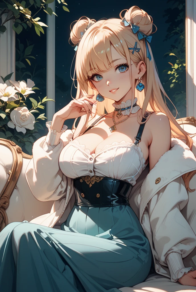 (8K, Best Quality, Masterpiece, Ultra High Resolution) 1 Girl, Short, Beautiful Eyes, Face Details, Long Blonde Hair, Green Eyes, Pale Skin, Casual Dress, Curvy Body, Large Bust, Sitting on Sofa Masterpiece, Best Quality, Upper Body, Looking at the Viewer, Close Up