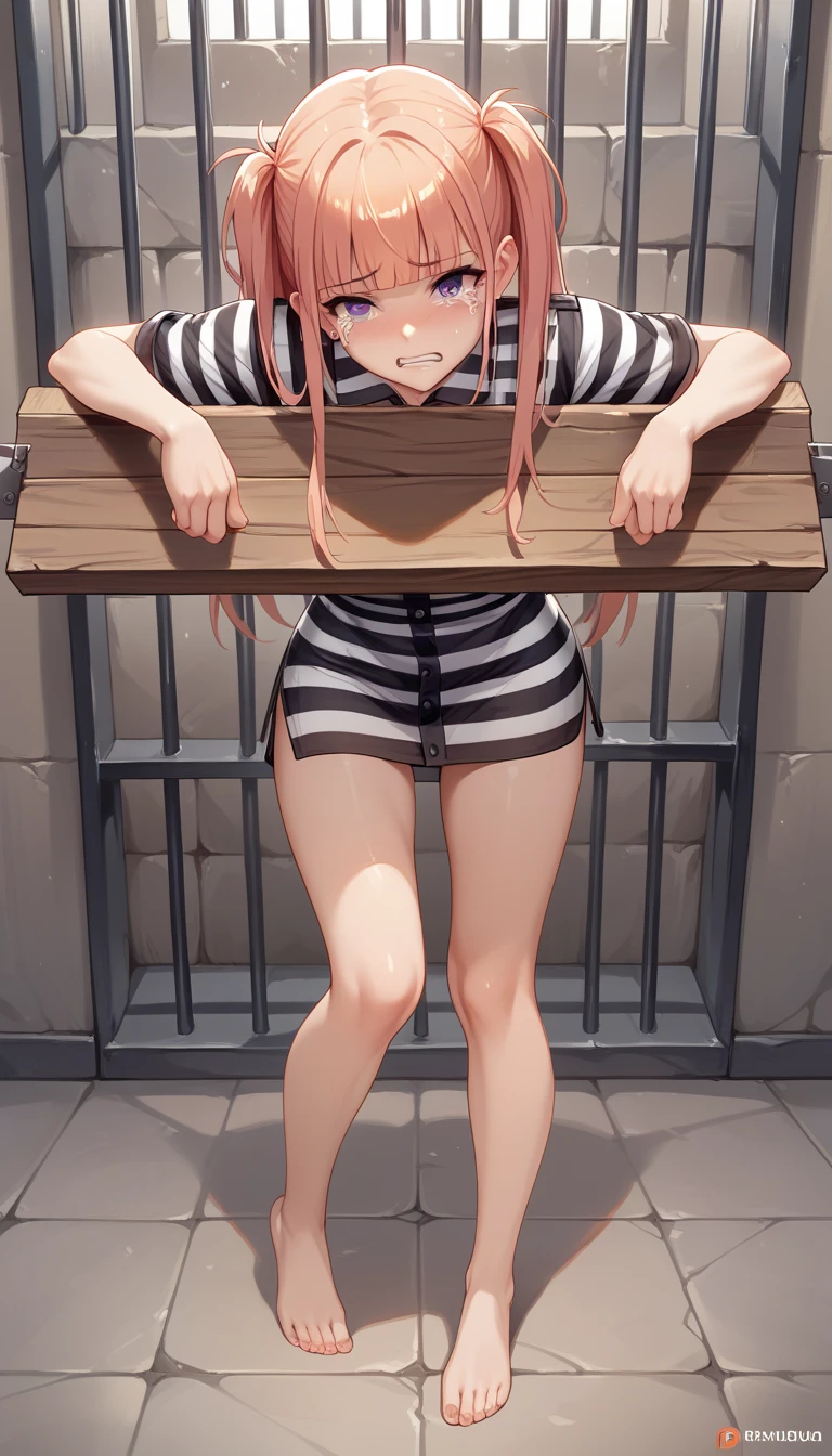 Huge breasts, Prisoner,prison,iron grate,grab the iron grate,blush,embarrassing, Girl in prison, Imprisonment, Imprisonment, Black and white prison jumpsuit, Handcuffed,Shackles, Suppressed, bondage, be interested, Solitary confinement, rock, Long blonde hair, blue eyes,mud stains,dirty face,dirt on face,dirty clothes,