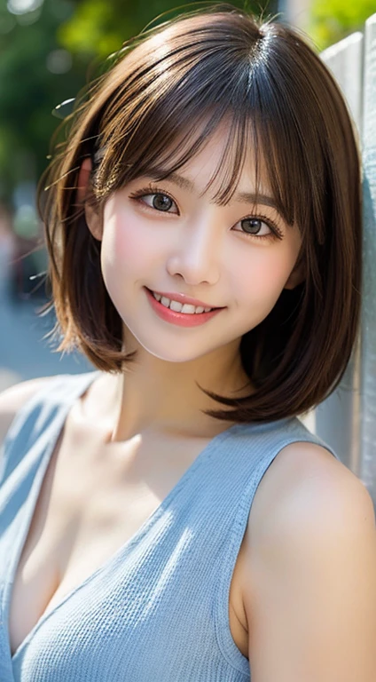 Highest quality、Ultra-high resolution、(Photorealistic:1.4)、1 girl、(Big Breasts:1.2)、Beautiful smile、A happy smile、Cute Smile、short hair、Black Hair、Brown eyes、White knit