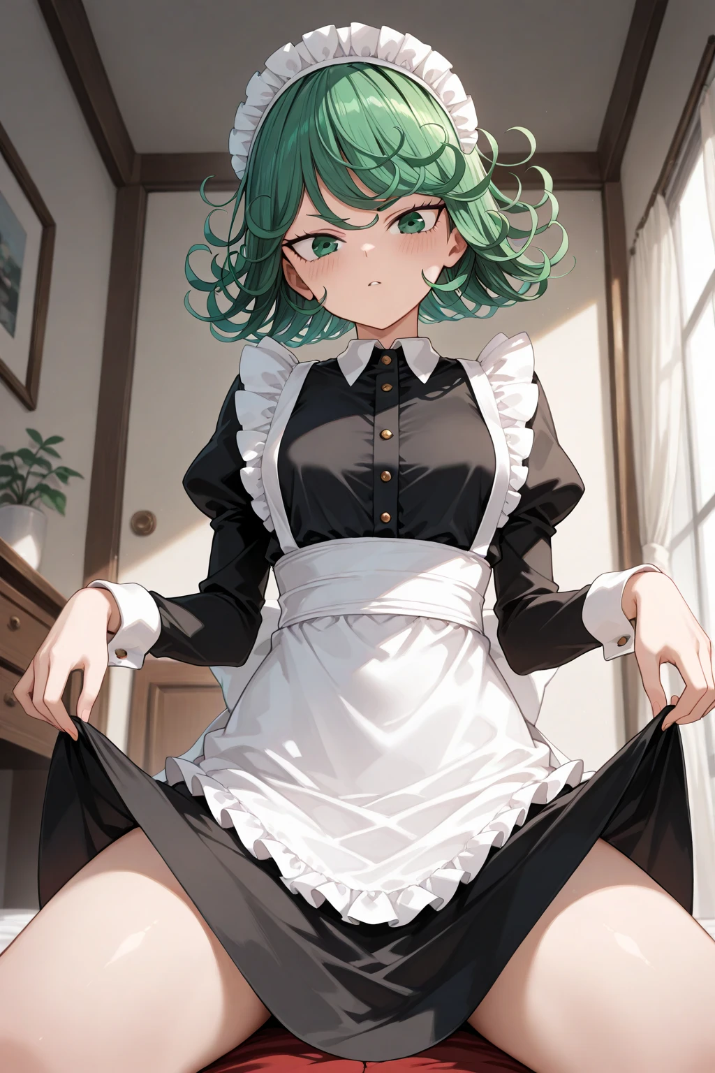 {{best quality}}, {{very aesthetic}}, {{ultra-detailed}}, {{best illustration}}, woman,green hair,long ponytail,pink eye,pov,orgasm face,((steam)),1woman,1girl,lace panties,(under black pantyhose),white nurse,from below,cafe