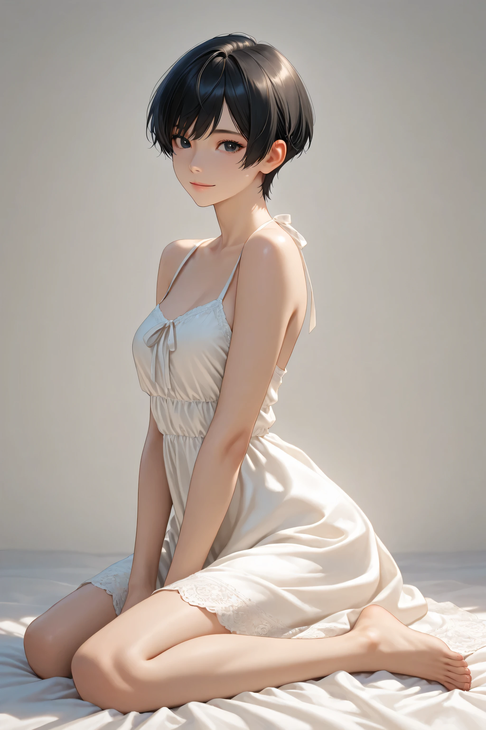 3D Digital Art Masterpiece, cute girl with asymmetrical face, blue eyes white skin eyeliner, slim full body 2d hair short bob style with bangs, dark makeup, perfect detailing on hands and body, full HD image portrayed full body