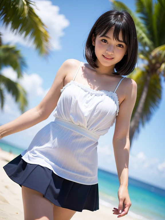 Innocent Japanese girl,High Teenager,Standing figure (Detailed body,the bust is small,are small,Constricted waist,big breasts thin waist,Larger hips,Thick thighs) (detailed photo composition,sand beachに背を伸ばして立っている,FULL BODYSHOT,full body shot,Shot straight ahead,Standing,Camera is at eye level) (A detailed face,elongated facial contour,a little bit smile,Sharp cheeks,Round chin,neat nose) (A detailed eye,Looking at the camera,skinny cheeks,Round chin,Slender eyes,Beautiful eyes,Dark blue eyes) (Detailed hair,Bob cut hair,a little brown hair) (detailed costume,bikini with small breasts,White mini skirt) (Detailed shooting location,beach,sand beach)