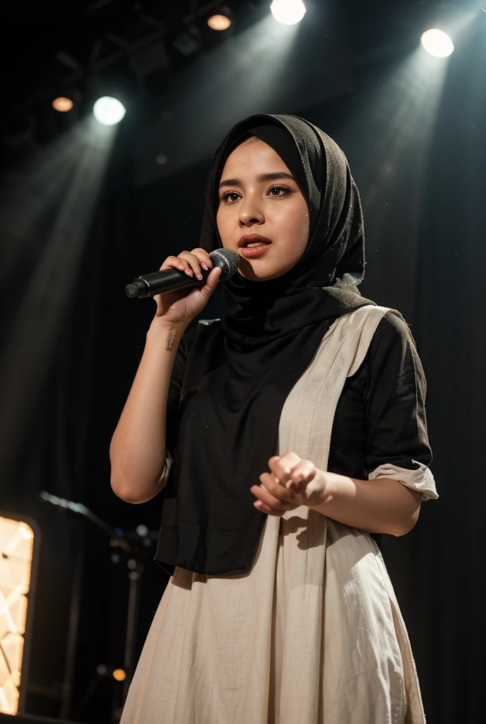 Hijab woman, big breast, showing cleavage, laughing, spreading leg on the stage, looking at viewer