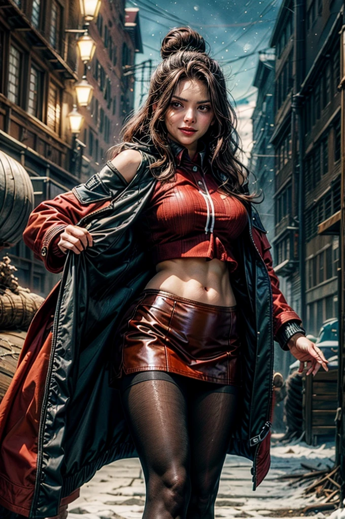 One girl, cute, cyberpunk, red leather jacket, thick leather belt, black leather bikini, cleavage, split abs, black leather long boots, black leather fingerless gloves, dark brown hair, short hair, bob hair, bangs, green eyes, exquisite eyes, beautiful eyes, dynamic poses, manga style, from fierce fights to carefree moments, Depicting groups of characters in various action scenes, dramatic speed lines and bold sound effects to capture the excitement and energy of the story, punching, high kicking, jumping kicks, spinning kicks