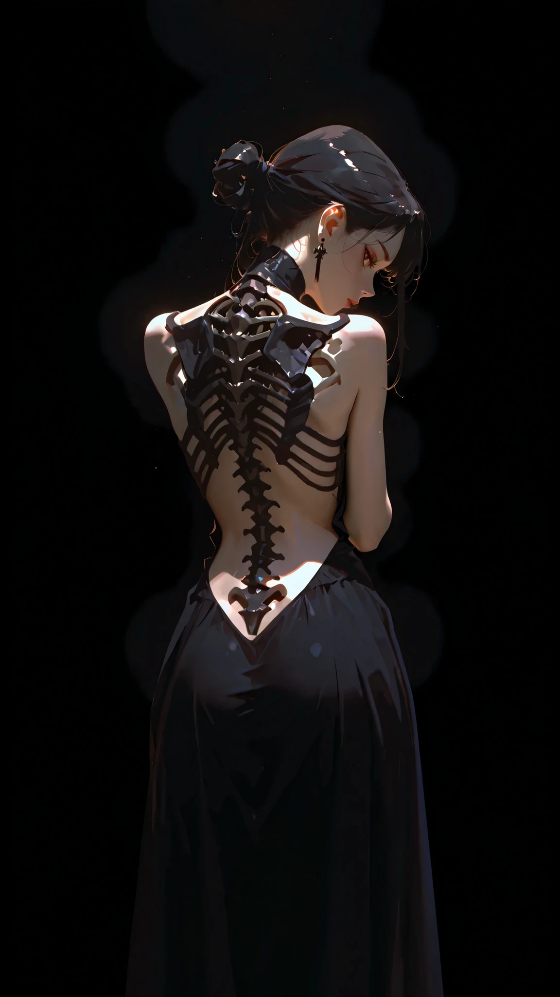 skeleton , black long hair, hair tied up, turn your back, her bare back, she wears a black dress that reveals her skeleton back, she turns her head and looks at the spectator, black background, dark