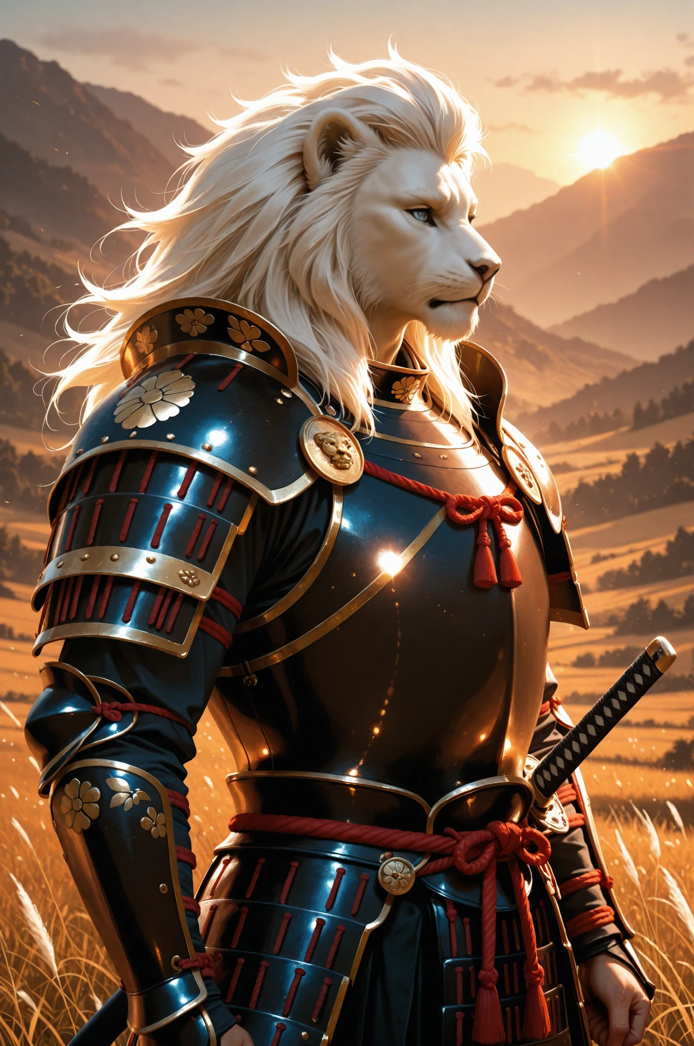 1 boy, male, solo, safe, elegant samurai warrior, white lion head, intricate armor and sword, standing in serene natural landscape, golden hour lighting, highly detailed, cinematic lighting, atmospheric, photorealistic, award winning digital art, 8k, ultra high definition, vibrant colors, dramatic lighting, depth of field, volumetric fog, dramatic shadows, realistic textures, cinematic composition, upper body,dynamic pose,