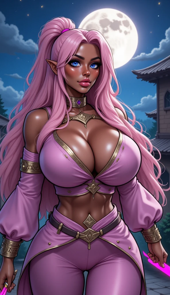 (masterpiece、Highest quality)、w)、anime_source、BREAK Ingrid、One girl、Mature Woman、Dark Skin Woman、(((Pink Hair)))、Long Hair、Hair Shot、make、Purple lips、lipstick、Thick eyebrows、Mole under the mouth、(((Yellow Eyes)))、Big and curvy breasts、、NidaleeLoLXL、Tribe、Face mark、Red scrunchie、Long ponytail、Green jewelry on the forehead、Dark Skin、Colored skin、Large Breasts、Tooth Earrings、tooth necklace、Bare shoulders、Fur trim、Bracelet、Gauntlet、Cleavage、abdomen、belly button、Tooth belt、Loincloth、Leg warmers、boots、gun、With a gun、Are standing、A seductive smile、Watching the viewer、forest、wood ,high resolution, extremely detailed, Highest quality, highest image quality, HD, perfect face, distinct_image, highly detailed, semi realistic,Outrageous resolution,masterpiece++,top-quality++,ultra-definition++,ultra-definition,2D,Close-up of a woman with colorful hair and necklace