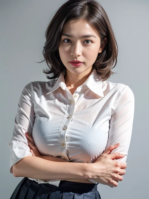 Gray background、pubic hair、Large Breasts、Thighs、Red lipstick、(((Glaring)))、Curly Hair、Disheveled Hair、Cute woman、high school girl、White shirt、Navy frill mile、Open chest shirt、A wet shirt with underwear showing through、Wet Hair、50Old mature woman、garter belt、