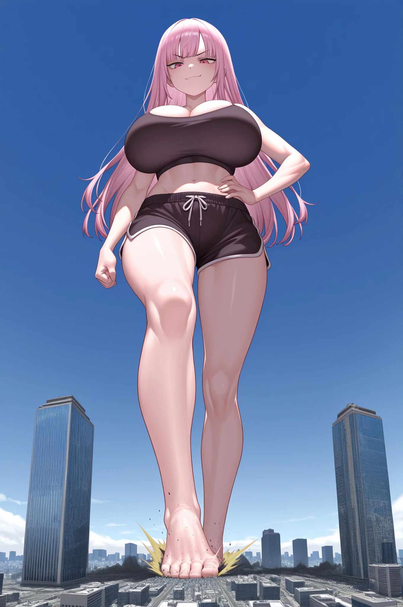 realistic 90's giant girl on the road of the big city girl in bikini swimsuit female giant giant girl Whole body sneakers Destroyed skyscrapers Destroyed cars Crowd Unreal Engine, ,anmnr,giantess,giant girl,Big city, valley between buildings, h