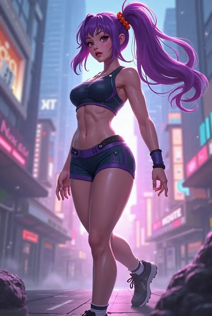 1girl, 18 year old girl, parted lips, blush, light smile, purple hair, purple underware, purple eye, bare shoulders, cleavage, (masterpiece:1.2), purple bikini, dynamic lighting, high resolution, ultra-detailed, realistic, shiny skin, sensual, feminine, athletic, self confident look, stands in cyberpunk city, purple clothing, full body