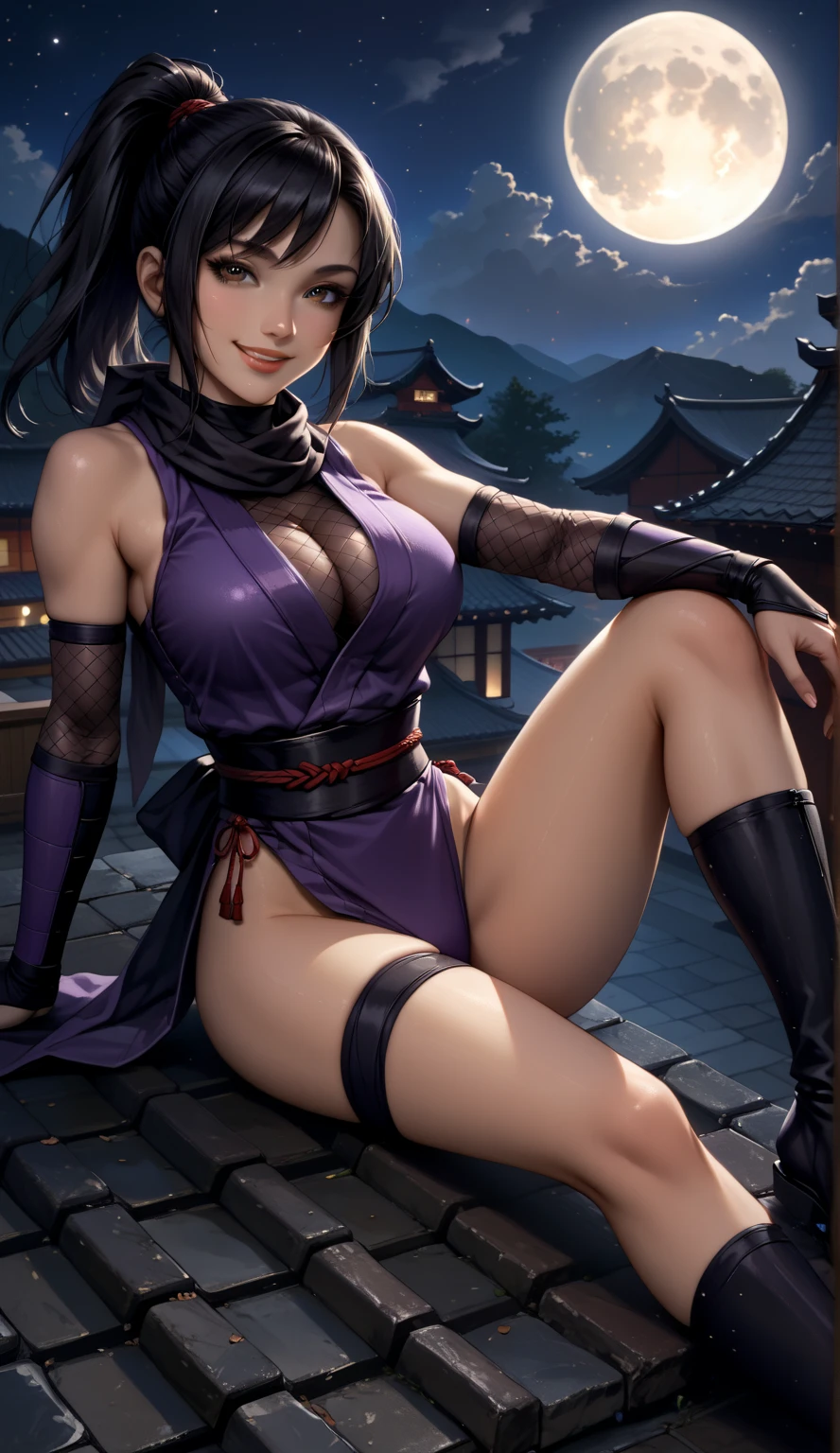 best quality, masterpiece, (leaning over:1.4),
1girl, yuzuriha_(jigokuraku), purple hair, brown eyes, ninja, open clothes, cleavage, small breasts, topknot, medium hair, breasts apart, seductive smile, pants, undressing, (blush:1.1), japanese exterior, temple,