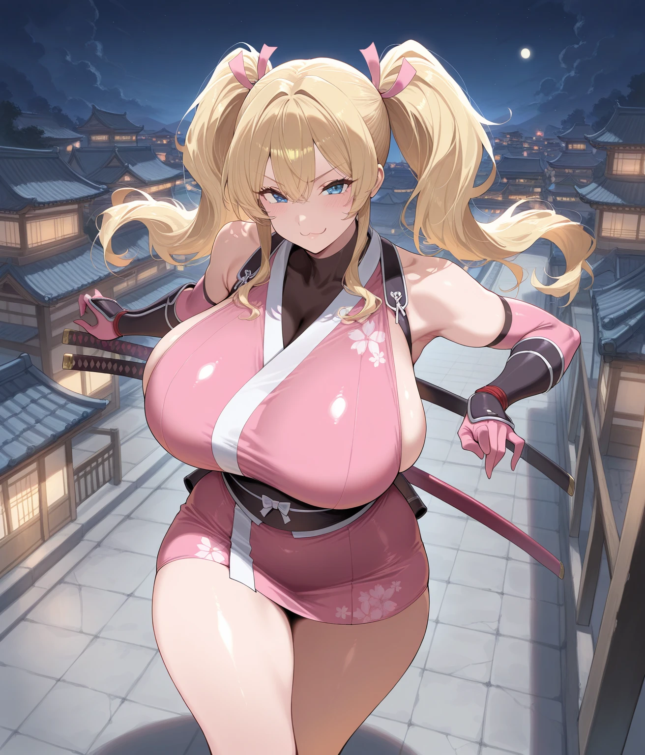 masterpiece, best quality, (1 girl), solo, wide hips, (huge breasts), slutty grin, mature girl, wide hips, ninja village, nighttime, detailed eyes, open mouth, ((wearing a slutty ninja outfit)), slutty, (very long hair), curvy, nice hips, kunoichi, ((ninja girl)), ninja outfit, midriff, short skirt, (fishnet), underboob, kunoichi skirt, blonde hair, fishnet bodycon, wide hips, voluptuous, mature, milf, wide hips, childbearing hips,