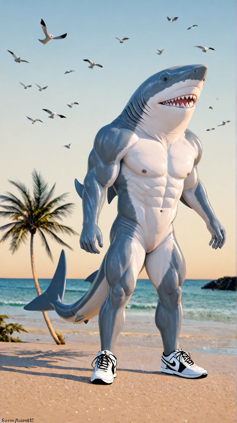 a muscular male shark, light purple skin, dark yellow eyes, walking up from the sea, black swimming trunks, bulge in crotch, shirtless, body wounds, furry, bara, (best quality,4k,8k,highres,masterpiece:1.2),ultra-detailed,(realistic,photorealistic,photo-realistic:1.37),highly detailed portrait, detailed texture, dramatic lighting, cinematic,