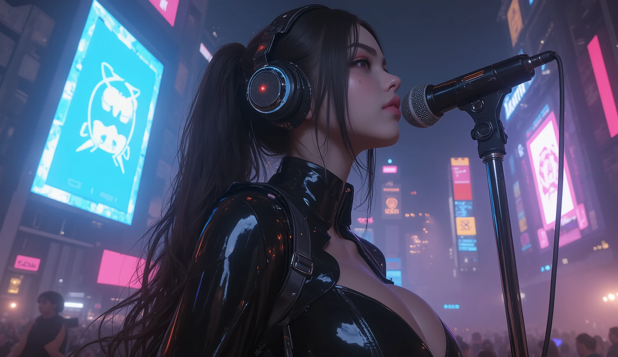 Cyber Minami Hamabe Sweat Catsuit Big Face, Biting a cable, behind her a building with a large screen that says no signal 