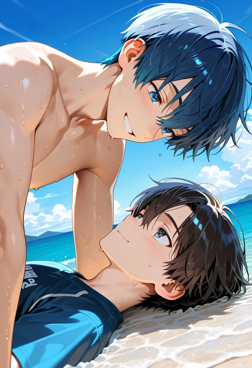 2 cute thin handsome boys 12 and 14 years old. Shirtless cuddling in the water best quality