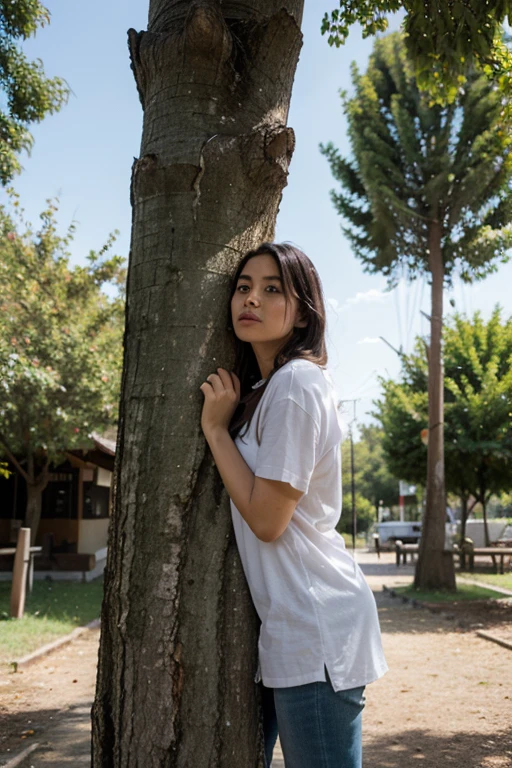 a Malay girl in hijab wearing blue color v neck t-shirt and blue skinny jeans, sitting with elbows on knees under the oak tree, holding a diary with happy expression, (best quality,4k,8k,highres,masterpiece:1.2),ultra-detailed,(realistic,photorealistic,photo-realistic:1.37),highly detailed face, beautiful detailed eyes, beautiful detailed nose, beautiful detailed lips, long eye lashes, intricate details, warm lighting, vibrant colors, natural setting, green park background