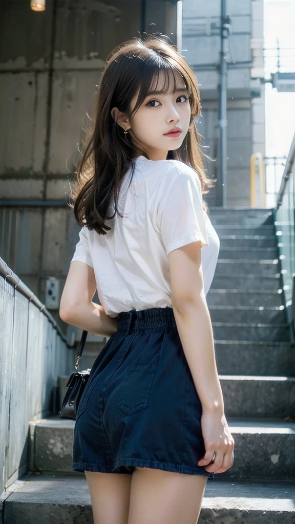 (highest quality, hight resolution, masterpiece:1.3) dusk, sunset, A girl, 19years old, short cut, ponytail, white shirt, White sneakers, denim miniskirt, realisitic, ultra-detailliert, Slimed, BREAK Sitting on the riverbank, with her cheeks in her hands, upper body, face focus, Look at viewers, A dark-haired, blue eyes, BREAK dynamic light and shadow, hight resolution, foco nítido, depth of fields, A detailed eye
