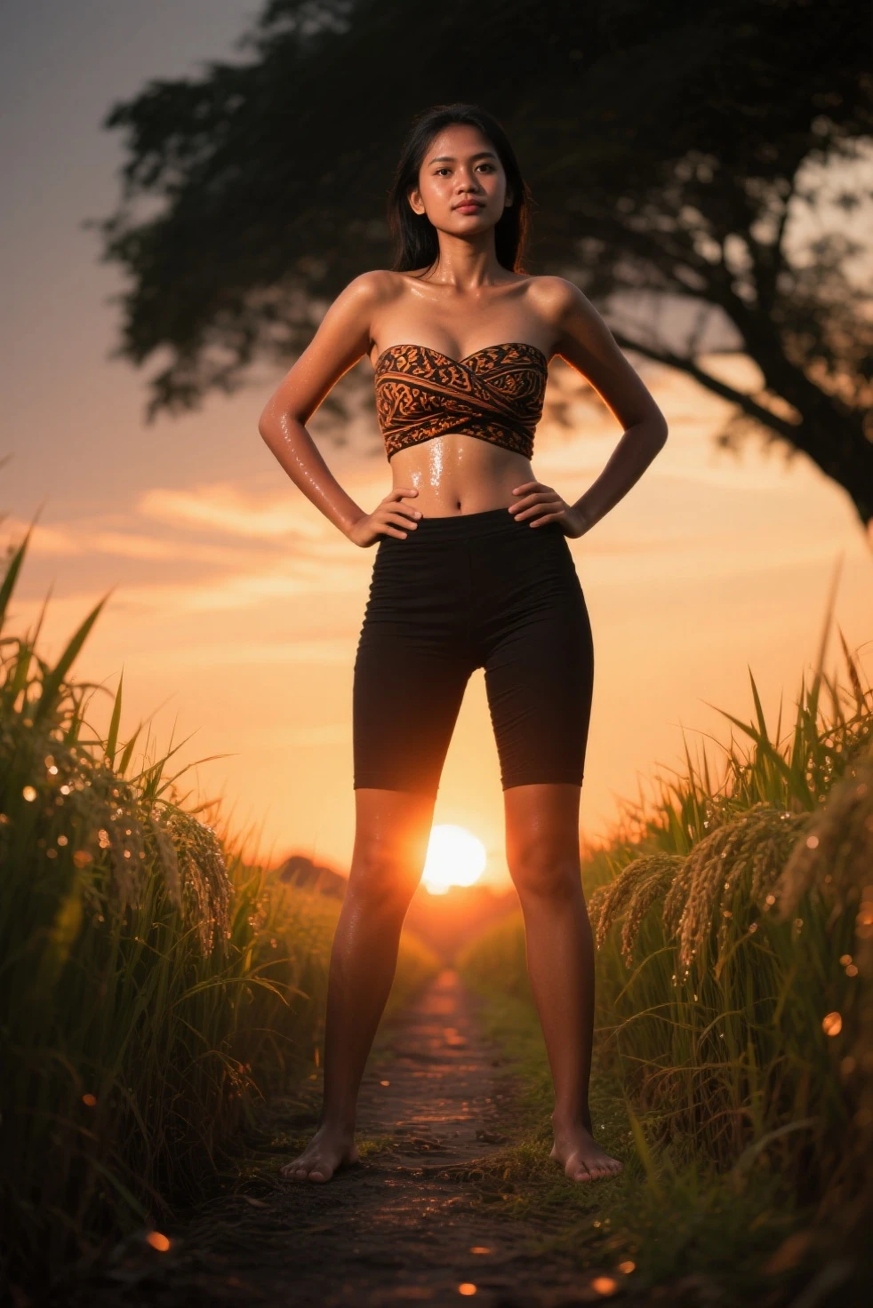 realistic photo  looking at viewer, photograph of Indian woman in forest wearing tank top in autumn, perfect lighting, masterpiece, ((full body:1.3)), portrait,black wet hair, dark skin