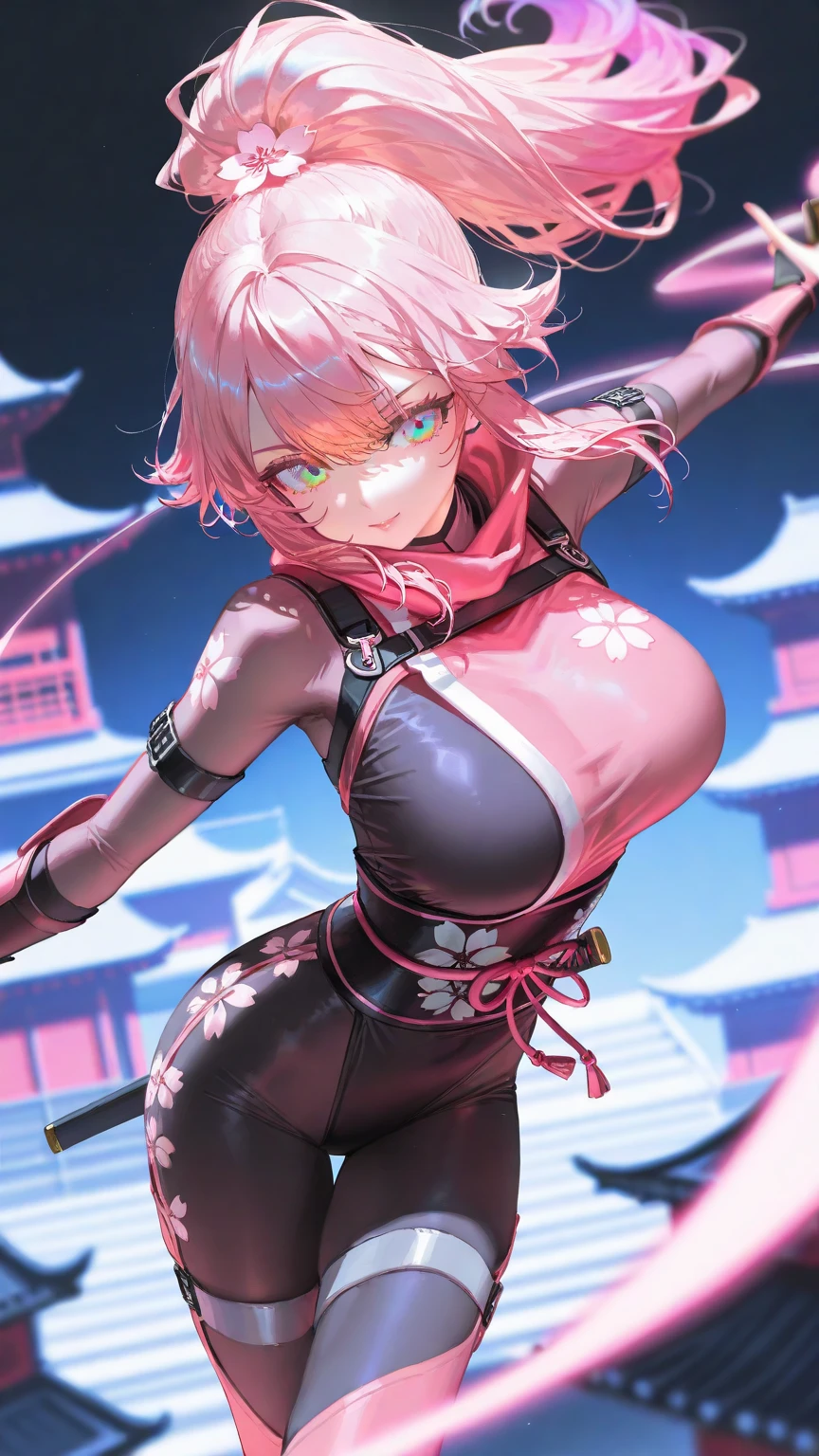 4K,High resolution,one woman,pink hair,short ponytail,green eyes,big breasts,ninja,ninjaの服,side boob,Japanese sword,japanese village