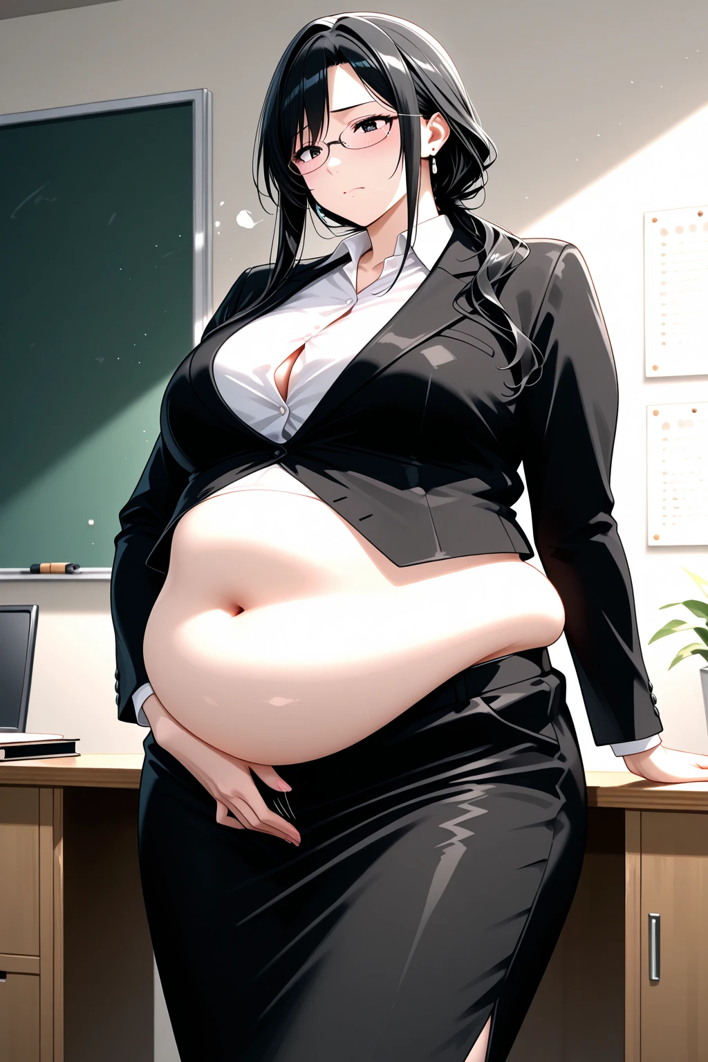 (top-quality, in 8K, 32K, masterpiece, A high resolution, Impressionism, Photorealsitic:1.2, anime style), massive breast, cowboy shot, detailed faces and eyes, Inside the classroom, university, Evening glow, beautiful face, blurry background, 20-year-old beautiful girl, shinny skin, long fluffy hair, Beautiful black hair, Blunt bangs, serious face, grey eyes, (black suit, long black trousers), curvy, ((big belly, massive belly))