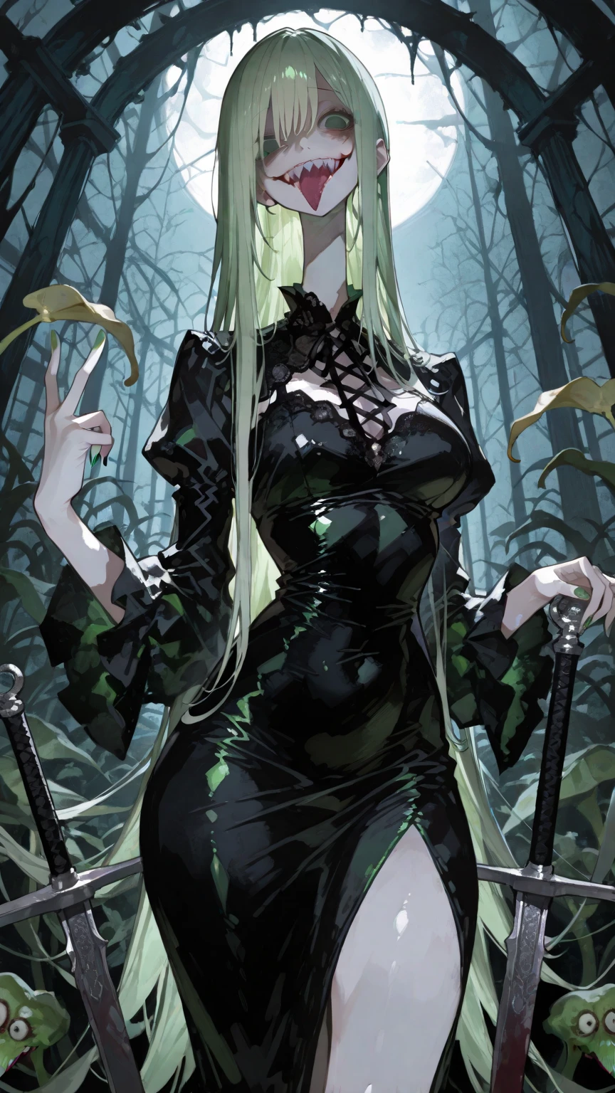 Highest quality, masterpiece, Ultra-high resolution, female、Big Breasts、End of the World、Zombie Girl、princess、Lightweight gothic dress、Green Skin、A dumb look、Beauty、Egoless、Wandering