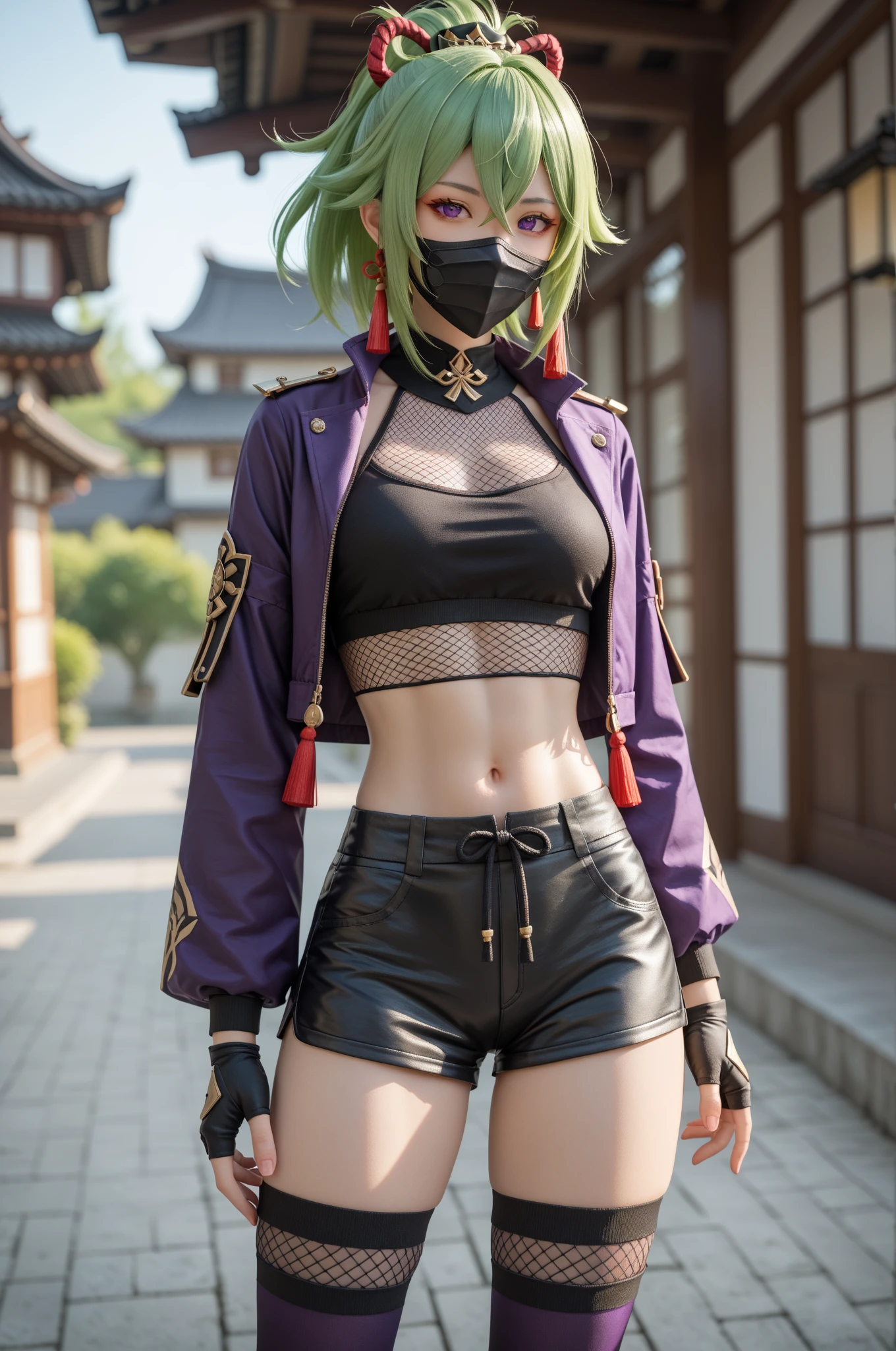 masterpiece, best quality, KShinobuV4, 1girl, solo, breasts, looking at viewer, simple background, thighhighs, gloves, white background, navel, hair between eyes, standing, jacket, full body, shorts, midriff, stomach, armor, crop top, hand on hip, short shorts, mask, black shorts, fishnets, rope, cropped jacket, mouth mask, purple jacket, fishnet top, ninja mask,