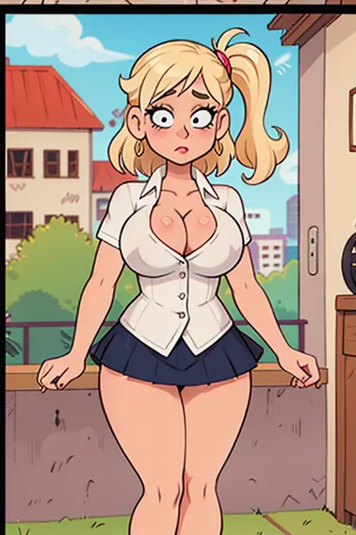 Sexy blonde sorority girl, woman, sexy makeup, long hair, human, light skin, curvy, black choker, large breasts, huge breasts, wearing a diaper, adult diaper, plain white diaper, thick diaper, bulky diaper, bulbous diaper, naughty smile, at a sorority house party, college age buildings seen out the balcony, femdom, (mommydom), latex, blue eyes