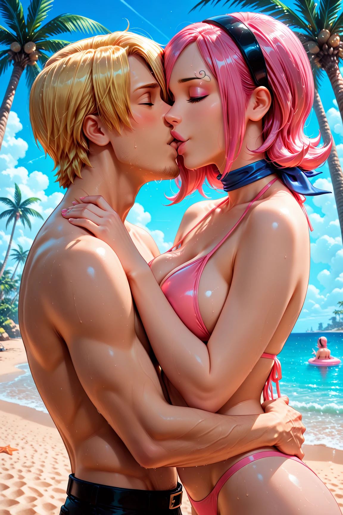 (nude) (Daphne and Velma ((human)) kissing) full body. on a deserted beach