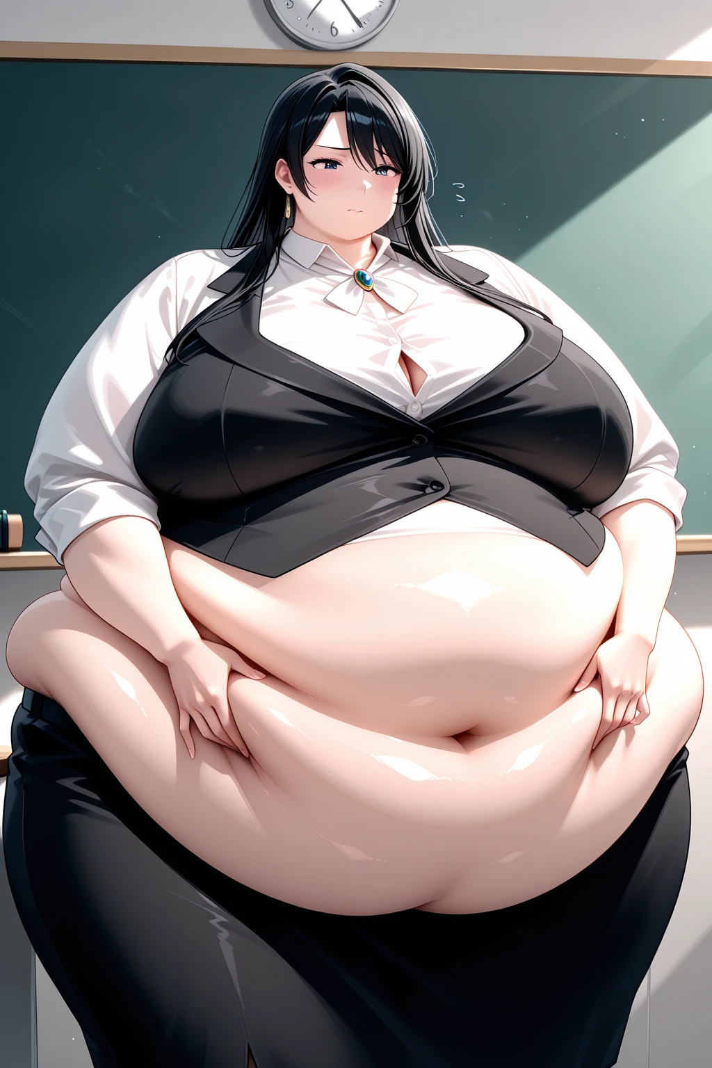(masterpiece, best quality), 1girls, big belly, blurry background, huge belly, art by kipteitei, round belly, chubby, curvy, white button-up shirt, skirt, thighhighs, simple_background, gradient_background, belly bursting out of shirt, belly grab, enormous belly, fat belly, thicc, bigger belly, sitting on chair, really big belly, jiggly belly, shirt covering belly, belly cover by shirt