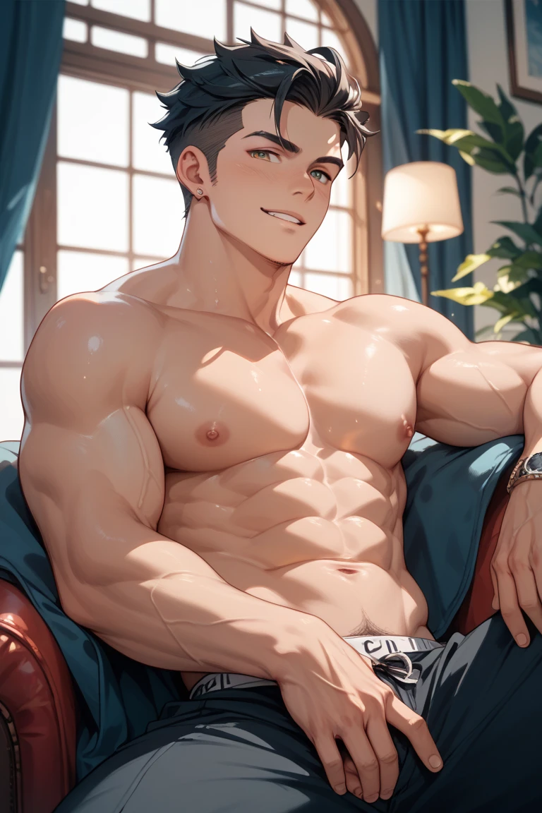 a shirtless tired smile 19-year old handsome caucasian male in faded haircut, mma gloves, white fighting shorts, cute, handsome face, six-pack abs, beautiful body, well-defined body, sweating profusely, dripping sweat, drenched with sweat, panting, exhausted, hands behind head, sitting on the sofa, in the living room