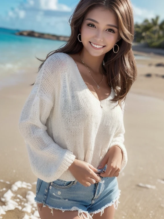 ((Highest quality、In 8K、masterpiece:1.3、Raw photo))、Sharp focus:1.2、(One woman:1.1)、16 years old,(Realistic、Photorealistic:1.37)、Small head、Mid-breasted、standing、Sexy pose、 Off-the-shoulder sweater, whole bodyエスビアン、Beach、sunlight、Light、smile、Show some teeth, whole body,, (Small nipples), Disheveled Hair, Wet Skin, Camel Toe, 