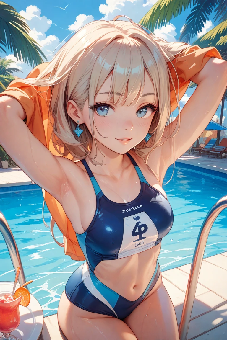 femele,１Children 0 years old,Golden head hair,wide open legs,half squatting,White School Swimsuit,Side Up Ponytail,Blue eyes,Mansuji,A smile,Facing the front, are see-through,