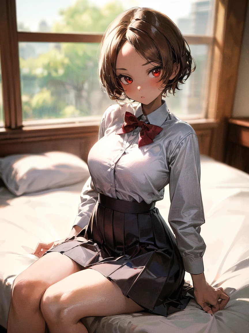 8K UHD, Digital SLR, Soft lighting, High quality, ((best quality)) ((best quality)), ((masterpiece)), (detailed), 4k image, anime style, beautiful teenage anime girl, black color A-line pleated skirt, white shirt, fair caramel brown skin, symmetrical face, plump lips, blood red vermillion eyes, thin circular frame transparent nerdy glasses, African looks, small breasts, toned thin slender body, small narrow waist, short height, waist length pixie cut hair, sleek dark red hair, hips, phoenix eyes, small nose, European style , white color sheer thigh-high stockings, low-top boots