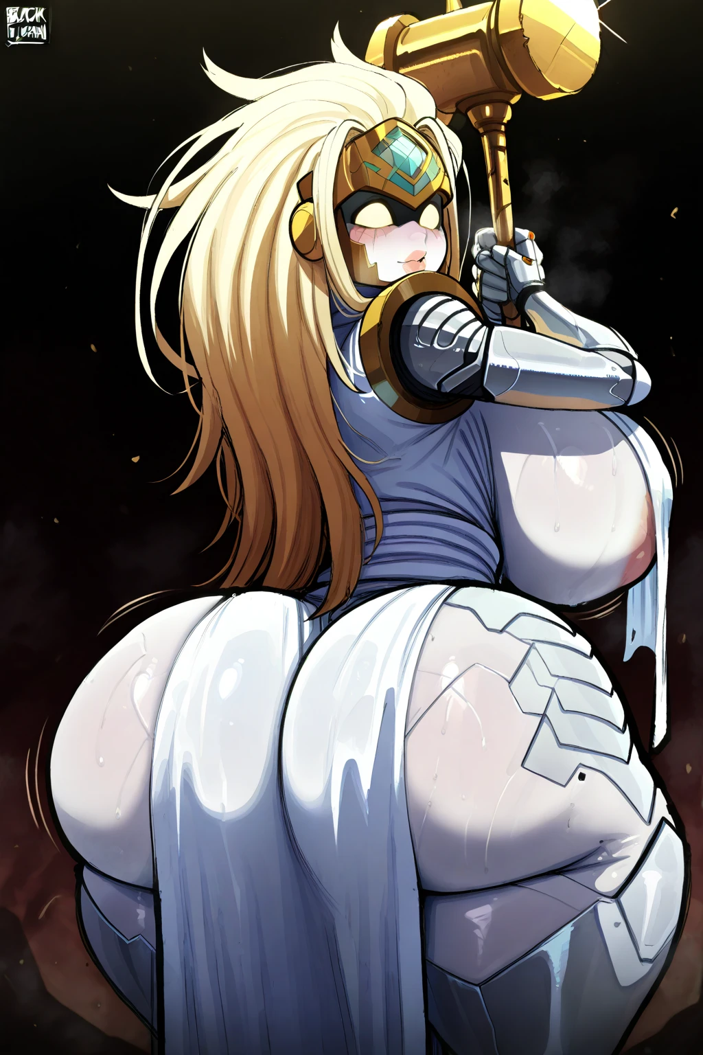 sensual, long blonde hair, thick thighs, 8K, 4K, highest quality, High resolution:1.2), cute anime face, noise reduction, shining blue eyes, gentle smile, Gentle eyes、wearing a headband, naked, White bodysuit、toned abdominal muscles, muscular arms, muscular legs, (((exposed nipples))). , young face, anime chic eyes, Lock,,O-ring,elbow bag,collar,cuffs ,thigh strap,thigh boots, Harness、全身Harness、garter belt、(((Rear view、emphasize the buttocks、T-back that digs into your butt、)))