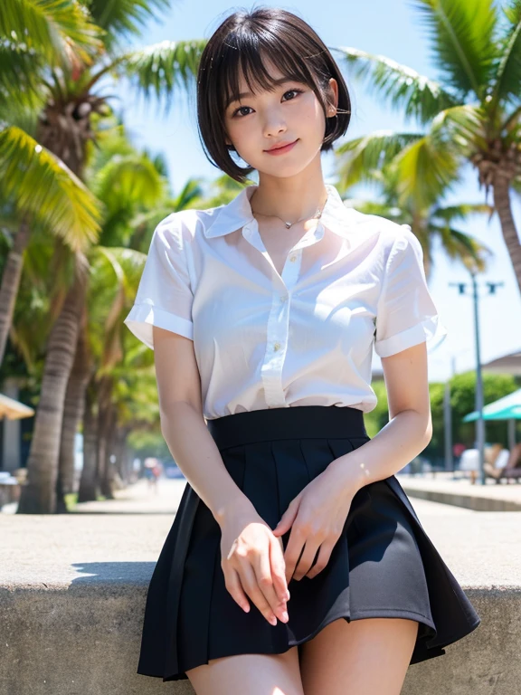 (High resolution:1.3), (16k, Photorealistic, Raw photo, Best image quality: 1.4), Japanese, (One Girl), Beautiful Face, (A vivid face), (Black-haired、short hair:1.3), Beautiful Hairstyles, Realistic eyes, Beautifully detailed eyes, (Realistic Skin), Beautiful skins, attractive, 超A high resolution, Surreal, High detail, Golden Ratio, Highly detailed cute girl,(20-year-old),  (upskirt:1.3), Summer Dresses, Striped pants