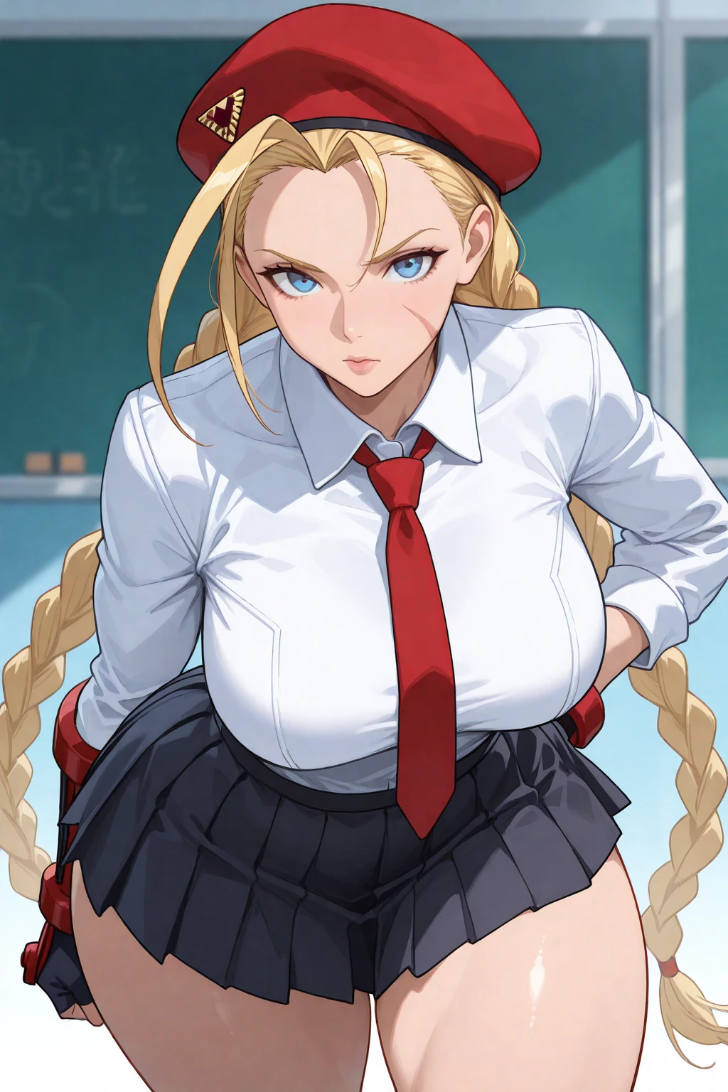 Ino, bible black , large breasts, fully body shot, white shirt, tight red skirt