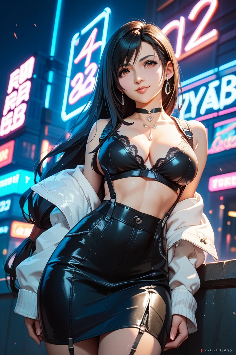 tifa ff7, black hair, long hair, red eyes ,glossy lips, light makeup, eye shadow, earrings , 1girl, solo, standing, black t-shirt, white shirt, jeans, belt, lipstick, large breasts