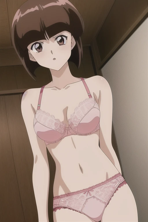 View your viewers, 
Black Hair,(Tied Hair,Blunt bangs:1.2), Small breasts, blush、smile、Hands on the wall、Backwards、look back、
((bra、Panties)), (Highest quality:1.3),One girl、Western-style room、Bed、Sexy pose