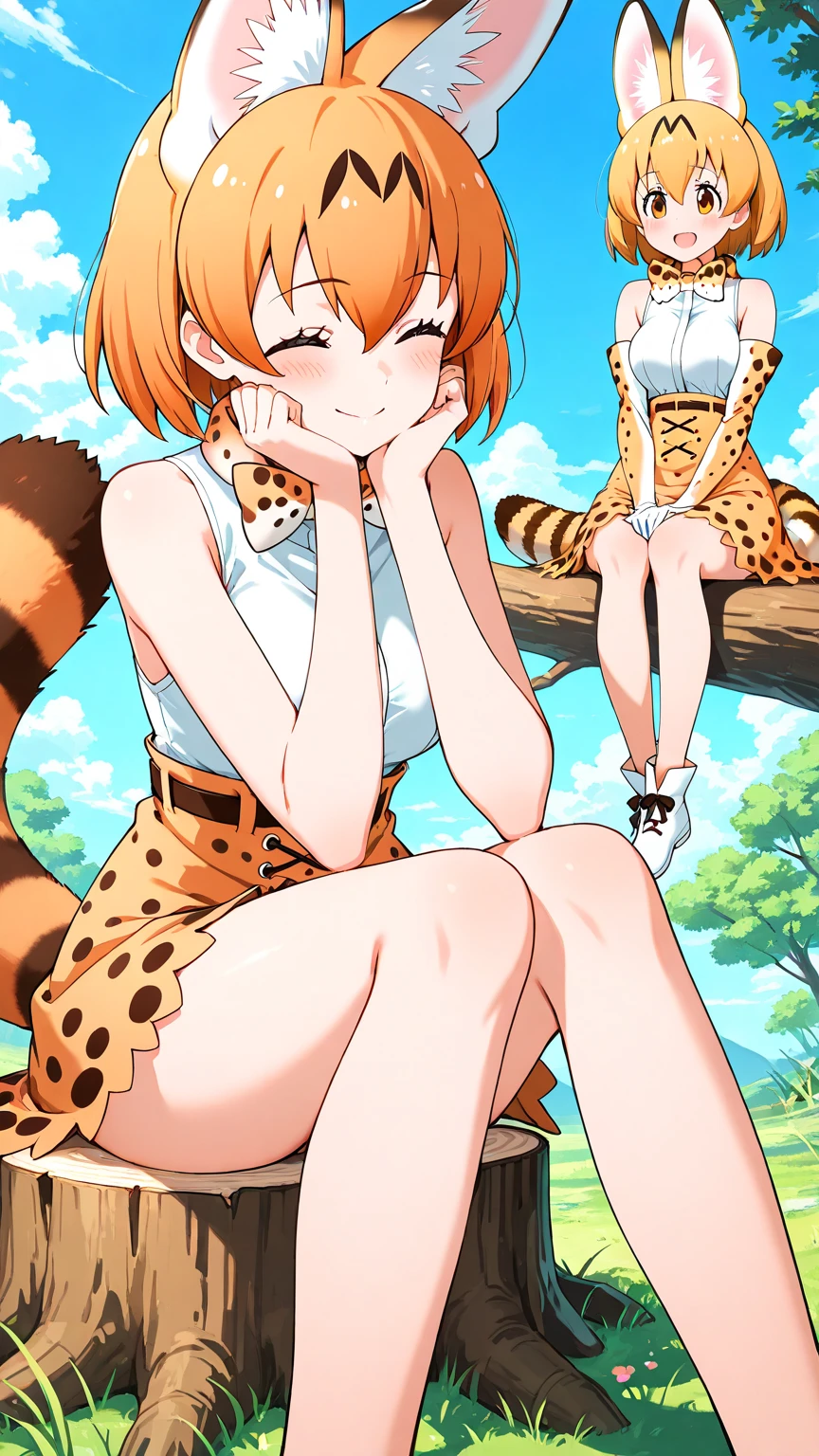 (2girls: 1.6), (height difference: 1.5), (size difference: 1.4), (giantess:1.1), a giantess looking down at a tiny woman, a giantess towering over a tiny woman, a tiny woman in the legs of a giantess, (brown skinned: 1.1), cute fantasy fancy robe, (fluffy ears), (short hair with long bangs), (catgirl), (messy hair), (very tall and mature: 1.2), (forest jungle: 1.1), sitting big thighs, tiny woman sitting a giantess lap
