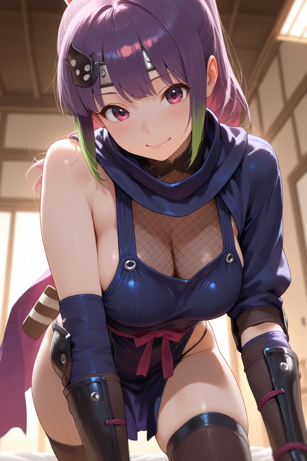 best quality, masterpiece, (leaning over:1.2), 1girl, yuzuriha_(jigokuraku), purple hair, brown eyes, ninja, open clothes, cleavage, small breasts, topknot, medium hair, breasts apart, seductive smile, (blush:1.1), japanese exterior, temple, sengoku period town, town (NSFW)