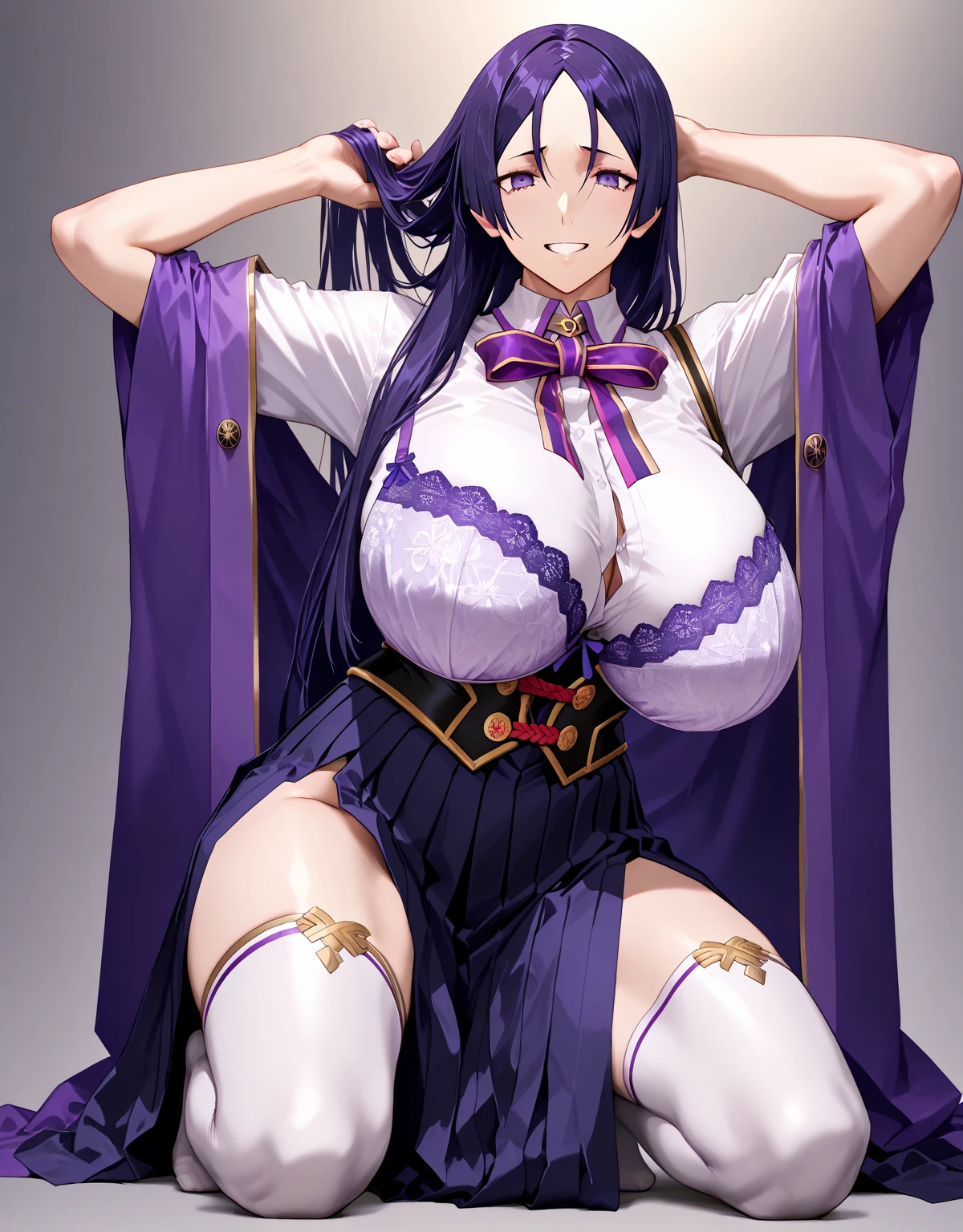 dominique_de_sade, black hair, long hair, yellow eyes, atomically correct, best quality, masterpiece, high quality, high details, highres, HD, (shaded face:1.2), hollow eyes, grey eyes, looking at viewer, heavy breathing, smirk, upper teeth, black hair, long hair, large breasts, 1girl, split, standing_split, breasts, gloves, standing_on_one_leg, leg_up, solo, large_breasts, thighs, leg_lift, white_gloves, standing, bare_shoulders, thick_thighs, purple_eyes, looking_at_viewer, see-through, pelvic_curtain, detached_collar
