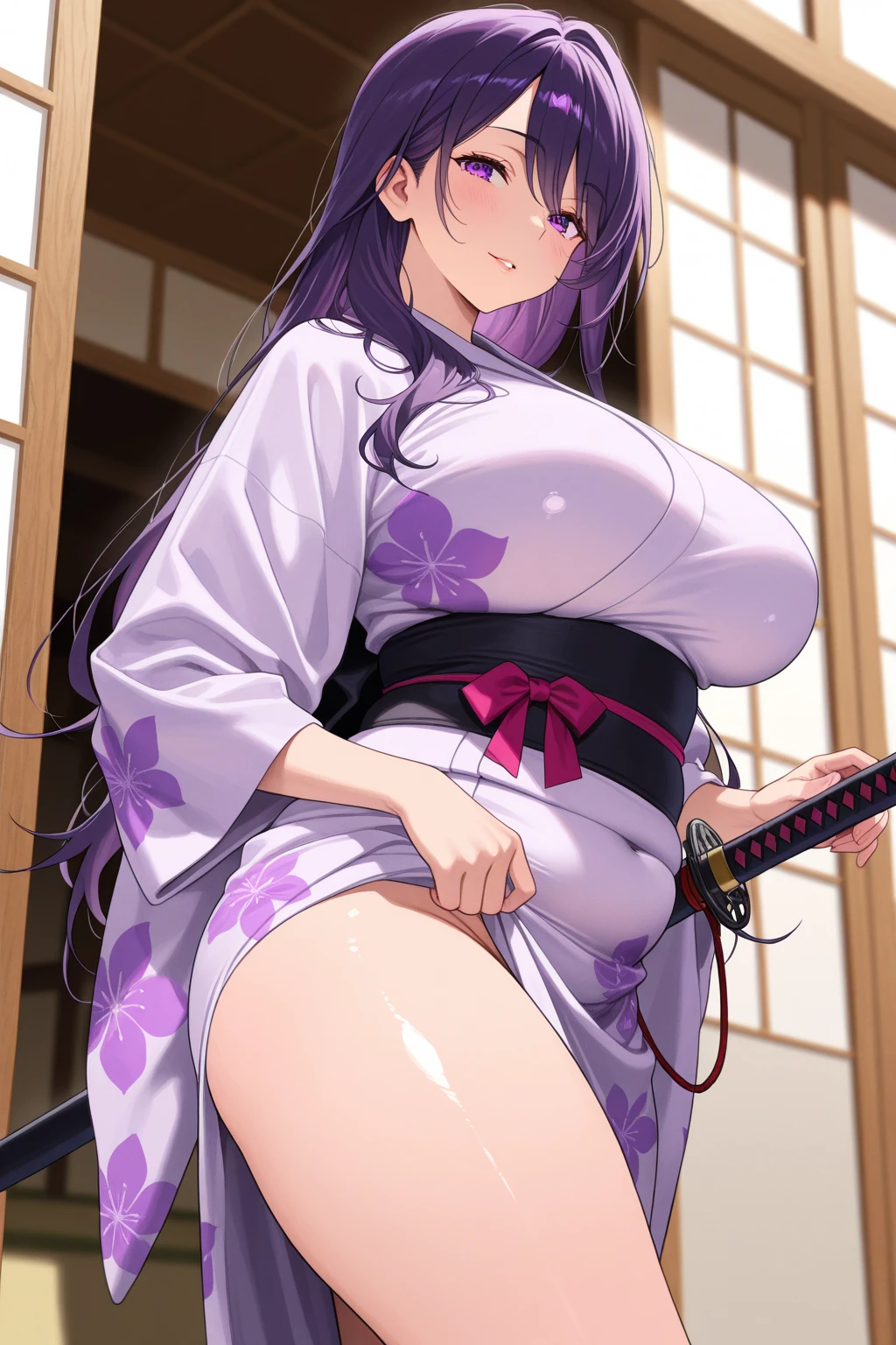 Raiden shogun, wet pussy, horny, busty, bedroom, milf, masterpiece, hair ornament, big breasts, thick thighs, wide hips, sexy, purple hair, purple eyes, undressing, purple yukata, genshin impact
