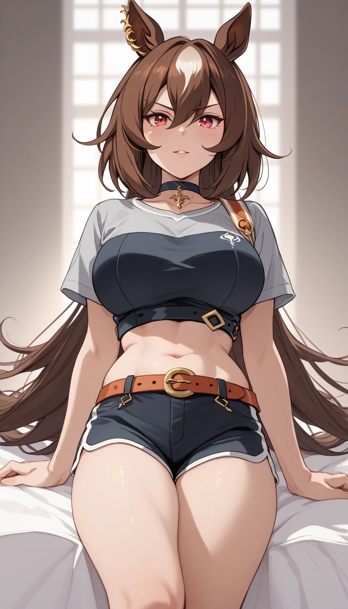 nsfw、clear eyes、8k、Top image quality、Masterpiece、perfect anatomia、12year old、sleeveless,（denim hot pants:1.3）、Focus on the thighs、、、gals、12year old、(Black Thigh Socks:1.3)、(high ponytail:1.3)、,((necklace, colorful bracelet, X hair ornament):1.2),、、(I'm in trouble:1.3)、 Dynamic pose、