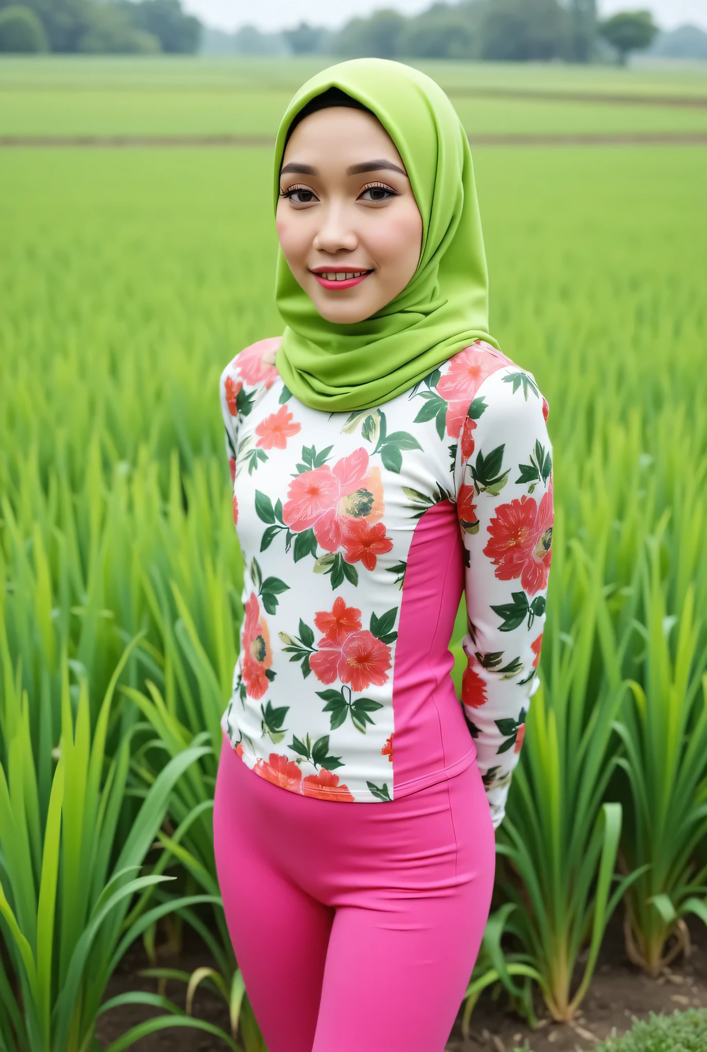 Just Front photo, (thin body) "Facial expression in moody", Wearing flora print hijab, Skinny hijab skinny hijab skinny hijab skinny hijab, (photorealistic:1.6) (Indonesian green Fluorescent hijab), (mini tiny tights Hotpants), background rice paddy. daytime atmosphere, flat chest!, hands behind back while legs astride,  Look from the front you are stupid!, wearing Fully pink flora print tight dress chubby pussy flat chest, (black eyes shadow & eyes liner)
