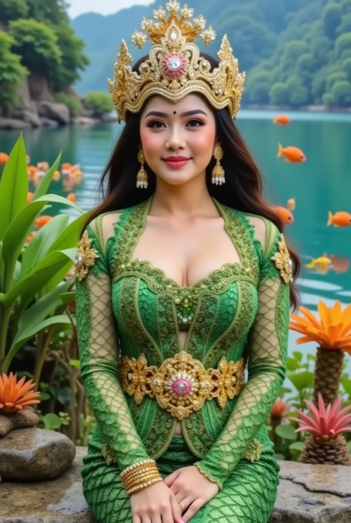 Gorgeus Girl, Beautiful, Baby Face, 20 Years Old, White Skin, Large Colossal Breasts, Pose, (Green-Gold Kebaya), Green Indonesian Kebaya, Brown Retina, Muscles, Bokeh, Indonesian Culture Background, Masterpiece, Portrait, Straight Dark Hair, Perfect Lighting, HDR, ((Green-Gold Coloured))