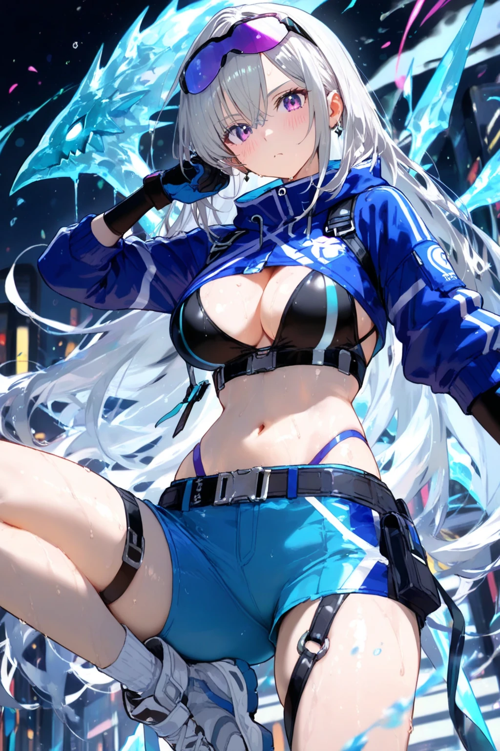 ((Top Quality)), ((Masterpiece)), ((Detail)), Perfect face, Perfact bodty, sitting on the swmming pool, listening to music, wearing headphones, wearing swimsuits, swimsuits are transparent, legs open Sitting wide open, wearing tight clothing (yes, buttocks and breasts are exposed). I see a face, one women