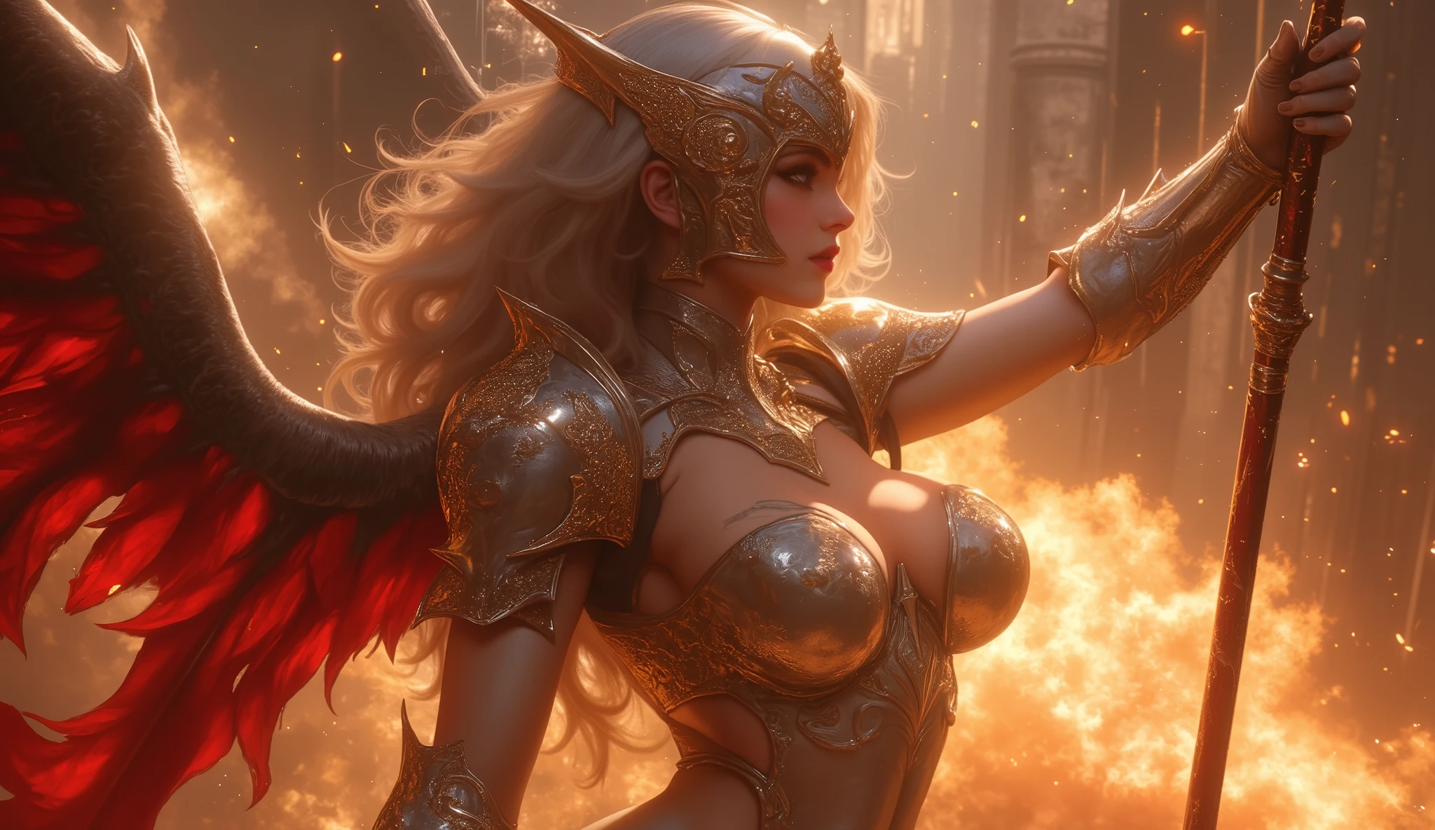 (One Knight Girl)、top-quality、masterpiece、超A high resolution、(Photorealsitic:1.4)、Raw photo、女の子1人、(Wear detailed Dark Knight armor)、(((heavy breasts))),glowy skin、(Random hair),(((Detailed Micro Bikini Armor with beautiful swords and shieldystical expression))),(((Have a gorgeous and long magic wand))),(Gorgeous gold metal body)、(Fight goblins、ogre、Fierce battle with orcighting strong enemieight fiercely、(Background of decaying dungeon ruins)、(Ultimate Beauty)、(Detailed knight's helmet)、(Fighting Demonic Beasts)、()、((super realistic details))、portlarong giant demon beast background),global illumination、Shadow、octan render、8K、ultrasharp、Colossal 、Raw skin exposed in cleavage、metals、Details of complex ornaments、Japan details、highly intricate detail、Realistic light、(Mystical expression),CGSoation Trends、Red Eyes、radiant eyeacing the camera)、Small LED、Toostock、(Background of the mutation)、(Attack of the Monster Beasts)、Ultimate Beauty、beautiful female knight、Wear colorful armor、Detailed sword、(Wearing legendary armor)、look at view, deep looking, (((((gigantic breast))))), hyper breast:1.5, empty hand, (((((hands on back head))))), empty hands, hands down, hands hold and raise a sword, whole body :1.5