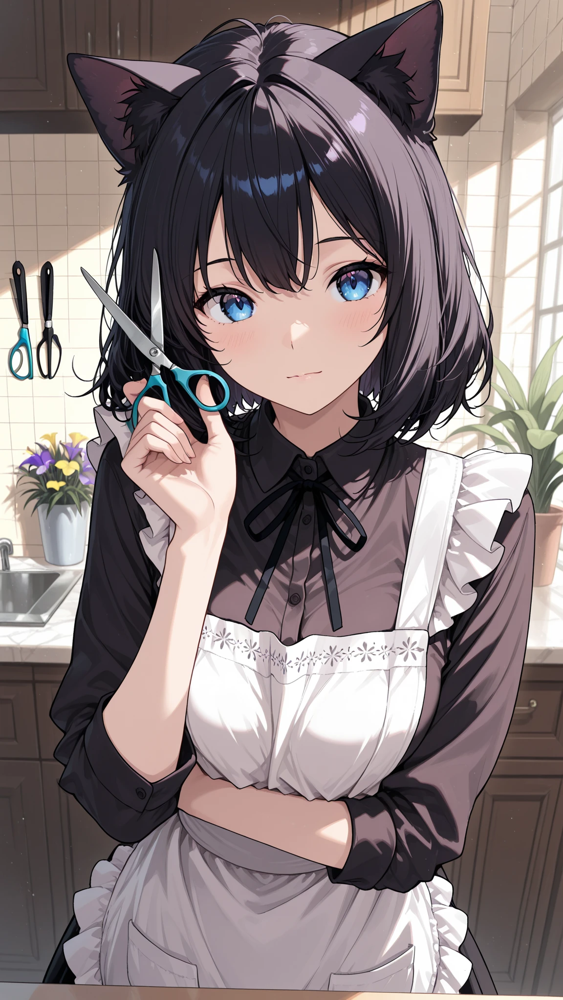 score_9, score_8_up, score_7_up, masterpiece, source_anime,1girl,cat girl,detail eyes,iris,she is a barber, She has scissors in her hand,apron
